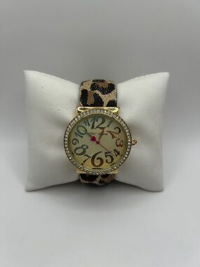 Working! Betsey Johnson Leopard Print Cuff Bracelet Rhinestone Bezel Watch